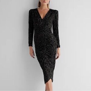 Express Cocktail Party Black Sequin V-Neck Puff Sleeve Ruched MIDI Sheath Dress